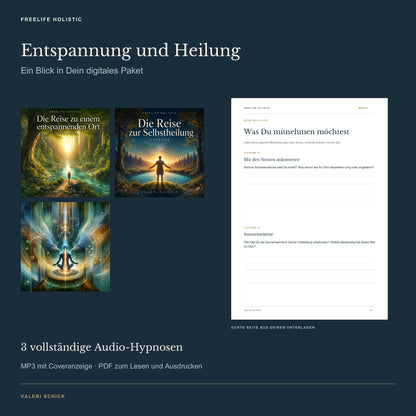 Entspannungs- und Heilungs-Trilogie: tatsächliche Hypnose-Cover und eine echte Seite aus den begleitenden Unterlagen.