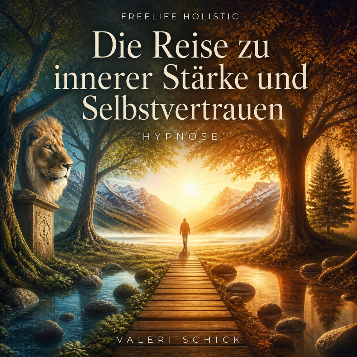 Die Reise zu innerer Stärke und Selbstvertrauen von Valeri Schick: neues Cover der Audio-Hypnose mit Arbeitsbuch.