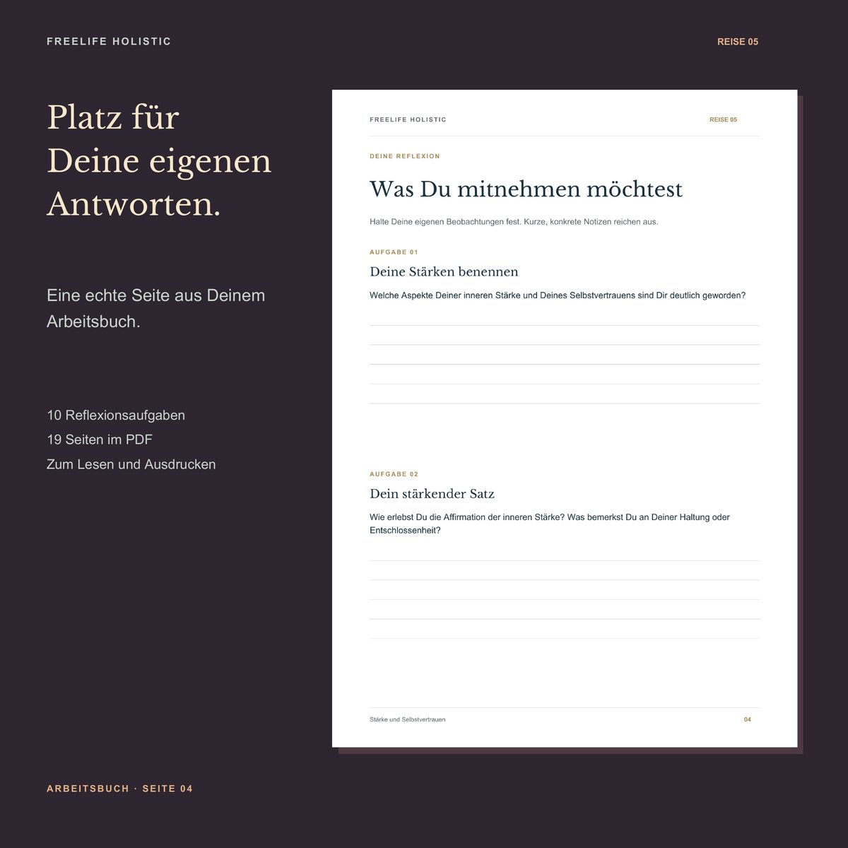 Seite 4 aus dem Arbeitsbuch Die Reise zu innerer Stärke und Selbstvertrauen mit den ersten zwei Aufgaben und Platz für eigene Notizen.