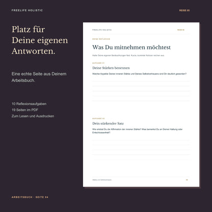 Seite 4 aus dem Arbeitsbuch Die Reise zu innerer Stärke und Selbstvertrauen mit den ersten zwei Aufgaben und Platz für eigene Notizen.