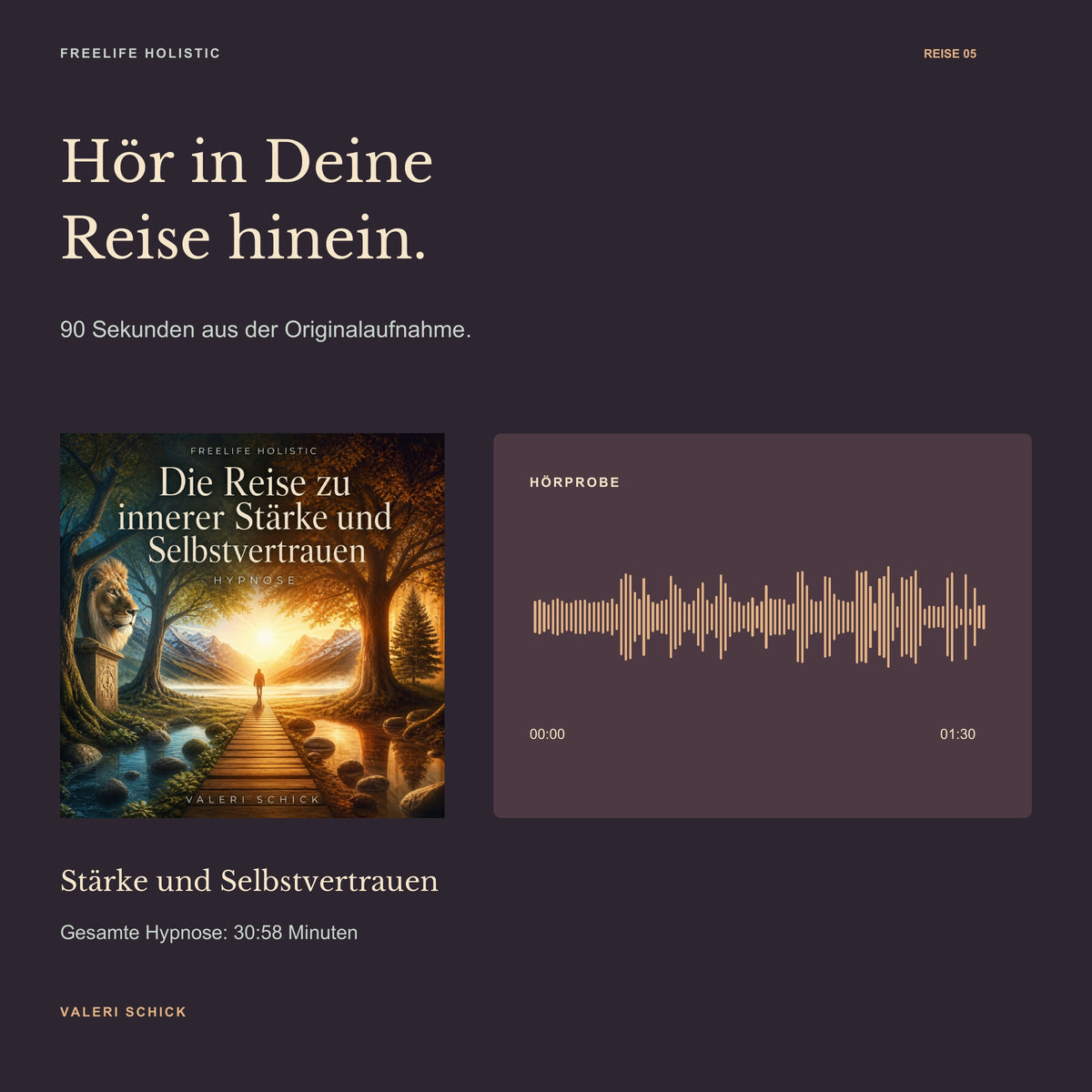 90-Sekunden-Hörprobe zu Die Reise zu innerer Stärke und Selbstvertrauen mit Cover und Wellenform des Originalausschnitts.