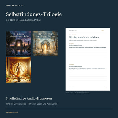 Selbstfindungs-Trilogie: tatsächliche Hypnose-Cover und eine echte Seite aus den begleitenden Unterlagen.