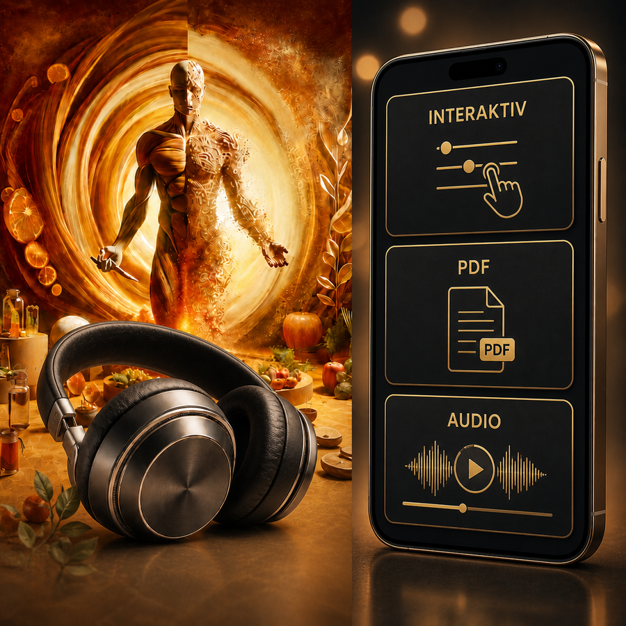 Beginn der Verwandlung – Digital-Edition – Hauptbild mit Hypnosemotiv, Kopfhörern, Smartphone, interaktiven Inhalten, PDF und Audio