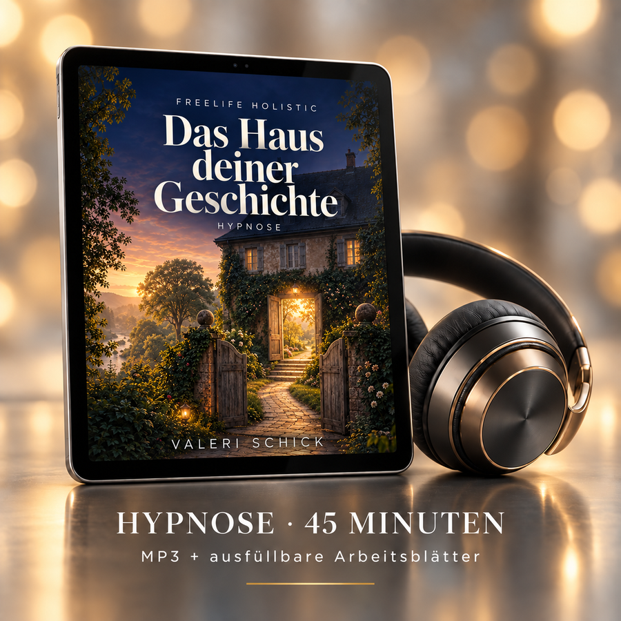 Das Haus deiner Geschichte – Digitale Hypnose mit ausfüllbaren Arbeitsblättern, dargestellt auf einem Tablet mit Kopfhörern im warmen Goldlicht.