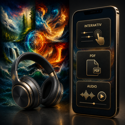 Die Reise zu den Elementen – Digital-Edition – Hauptbild mit Hypnosemotiv, Kopfhörern, Smartphone, interaktiven Inhalten, PDF und Audio