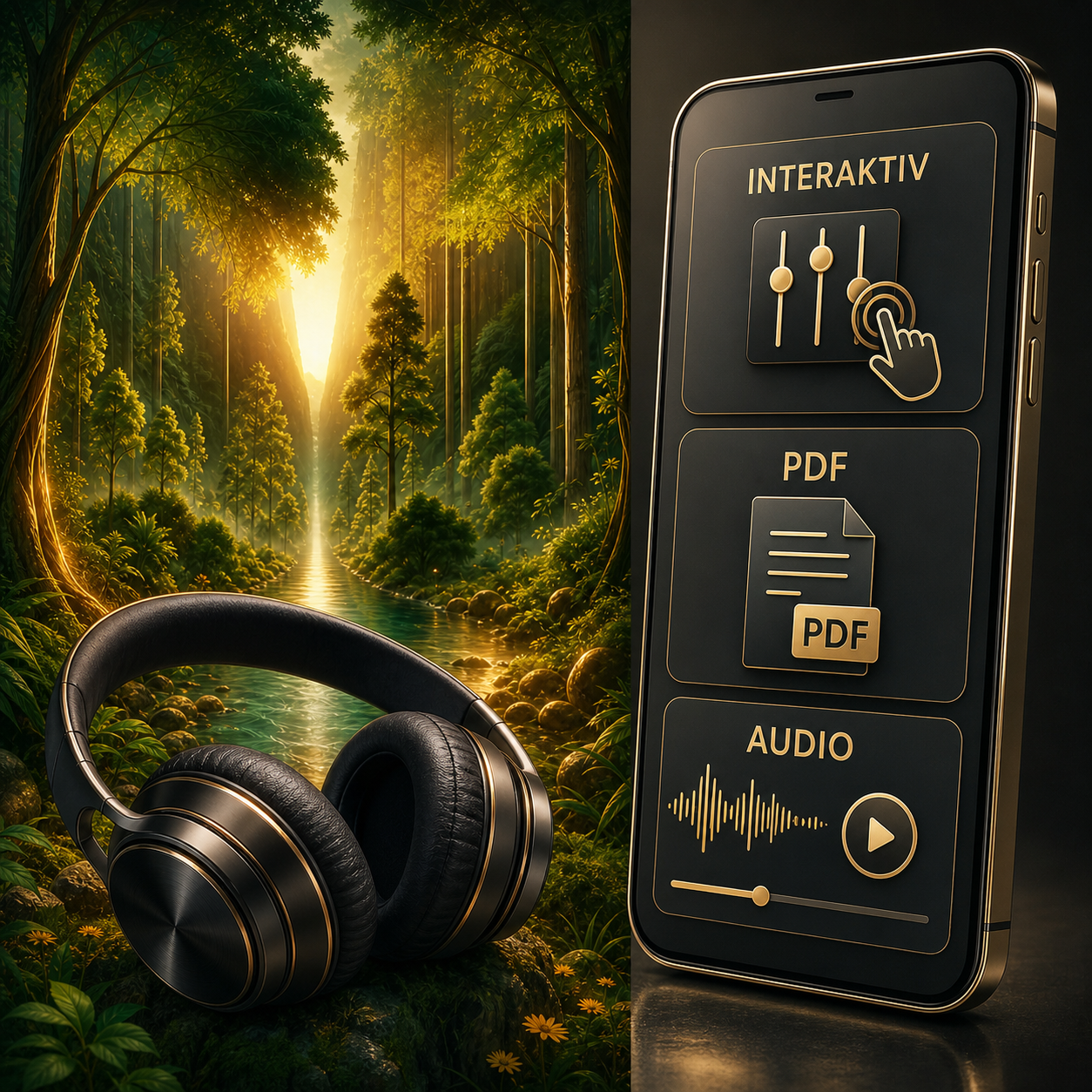 Die Reise zu einem entspannenden Ort – Digital-Edition – Hauptbild mit Hypnosemotiv, Kopfhörern, Smartphone, interaktiven Inhalten, PDF und Audio