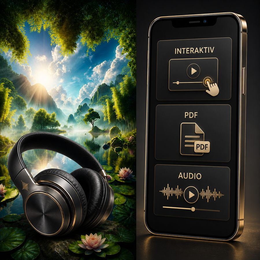 Die Reise zu innerem Frieden und Gelassenheit – Digital-Edition – Hauptbild mit Hypnosemotiv, Kopfhörern, Smartphone, interaktiven Inhalten, PDF und Audio