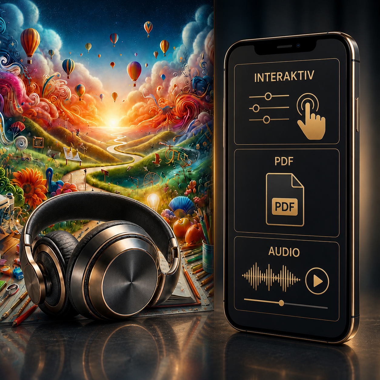 Die Reise zu kreativer Inspiration – Digital-Edition – Hauptbild mit Hypnosemotiv, Kopfhörern, Smartphone, interaktiven Inhalten, PDF und Audio