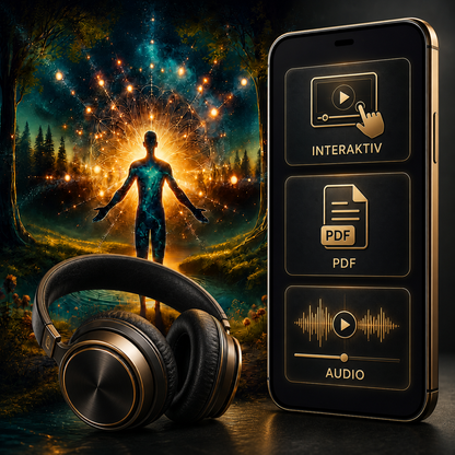 Die Reise zu innerer Erneuerung – Digital-Edition – Hauptbild mit Hypnosemotiv, Kopfhörern, Smartphone, interaktiven Inhalten, PDF und Audio