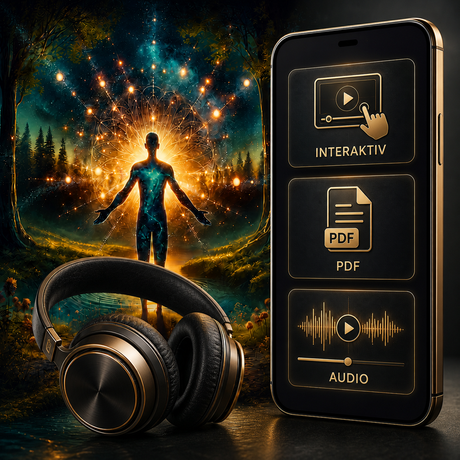 Die Reise zu innerer Erneuerung – Digital-Edition – Hauptbild mit Hypnosemotiv, Kopfhörern, Smartphone, interaktiven Inhalten, PDF und Audio