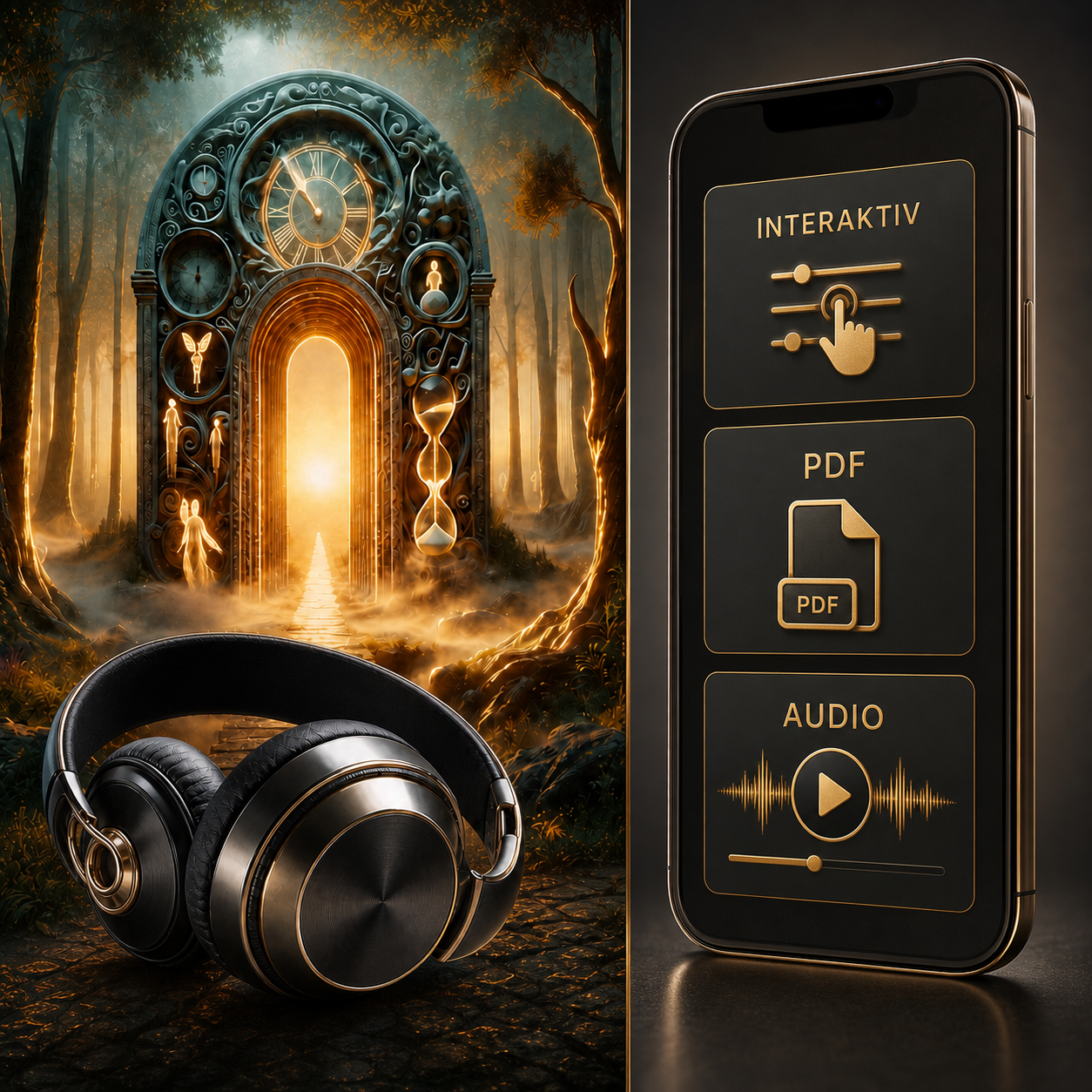 Die Zeitreise ins eigene Leben – Digital-Edition – Hauptbild mit Hypnosemotiv, Kopfhörern, Smartphone, interaktiven Inhalten, PDF und Audio
