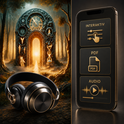 Die Zeitreise ins eigene Leben – Digital-Edition – Hauptbild mit Hypnosemotiv, Kopfhörern, Smartphone, interaktiven Inhalten, PDF und Audio