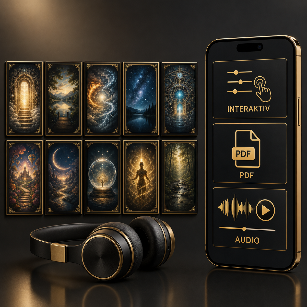 Entdecke deine innere Welt – Digital-Edition – paketbezogenes Hauptbild mit 10 sichtbaren Hypnose-Editionen, Kopfhörern, Smartphone, interaktiven Inhalten, PDF und Audio