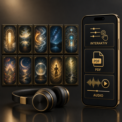 Entdecke deine innere Welt – Digital-Edition – paketbezogenes Hauptbild mit 10 sichtbaren Hypnose-Editionen, Kopfhörern, Smartphone, interaktiven Inhalten, PDF und Audio