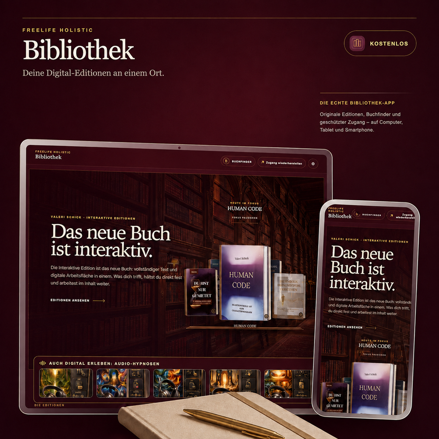 FreeLife Bibliothek-App in Rubinrot mit digitalen Editionen und Audio-Hypnosen auf Tablet und Smartphone