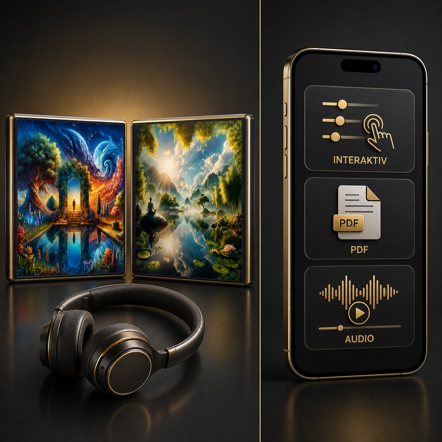 Innere Balance Duo – Digital-Edition – paketbezogenes Hauptbild mit 2 sichtbaren Hypnose-Editionen, Kopfhörern, Smartphone, interaktiven Inhalten, PDF und Audio