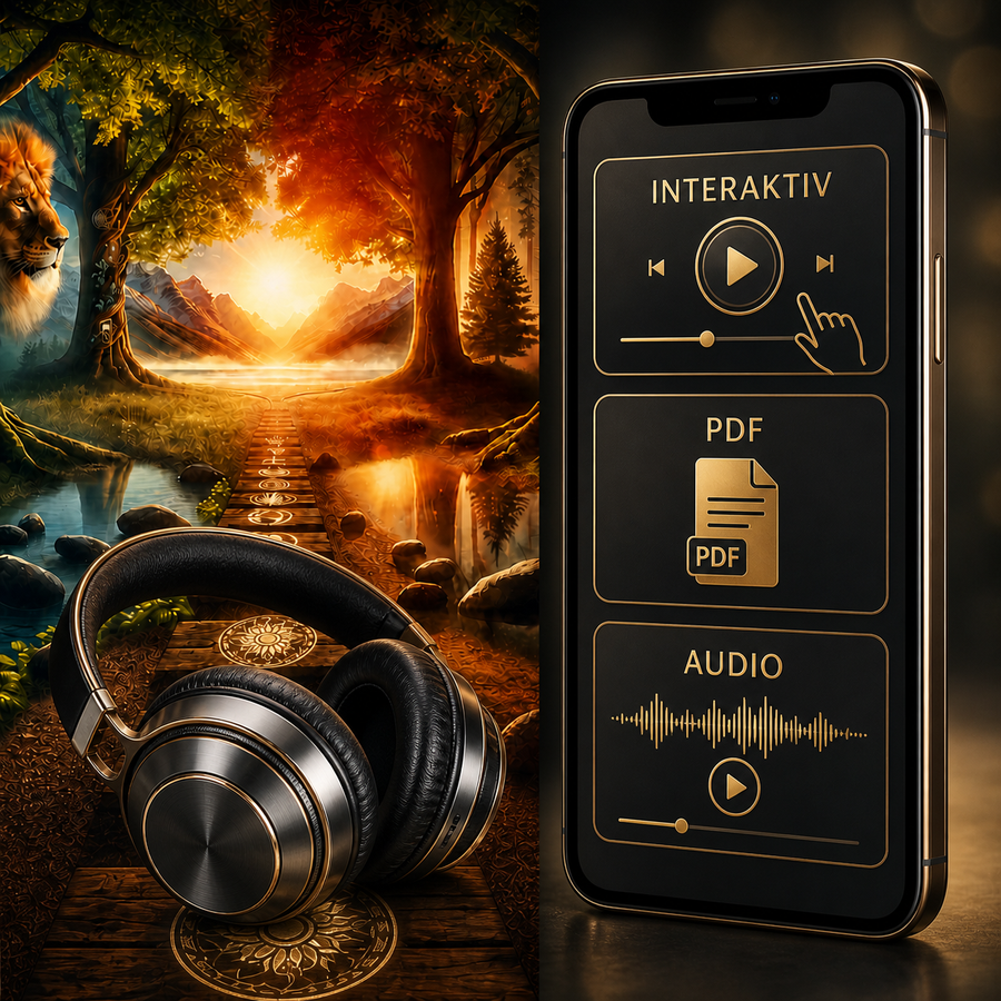 Innere Stärke und Selbstvertrauen – Digital-Edition – Hauptbild mit Hypnosemotiv, Kopfhörern, Smartphone, interaktiven Inhalten, PDF und Audio