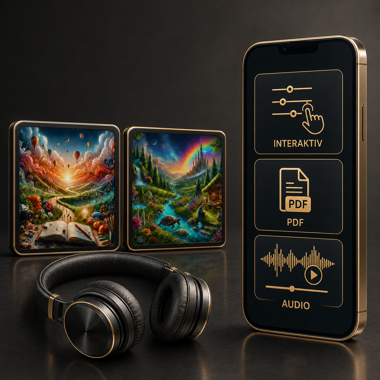 Kreativität und Magie Duo – Digital-Edition – paketbezogenes Hauptbild mit 2 sichtbaren Hypnose-Editionen, Kopfhörern, Smartphone, interaktiven Inhalten, PDF und Audio