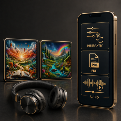 Kreativität und Magie Duo – Digital-Edition – paketbezogenes Hauptbild mit 2 sichtbaren Hypnose-Editionen, Kopfhörern, Smartphone, interaktiven Inhalten, PDF und Audio