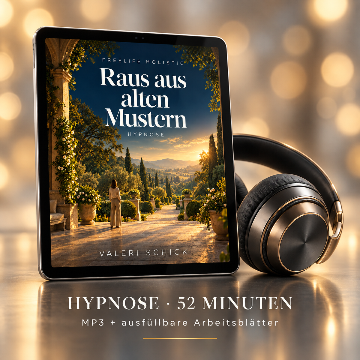 Raus aus alten Mustern – Produktbild der digitalen Hypnose mit Cover auf einem Tablet und Kopfhörern.