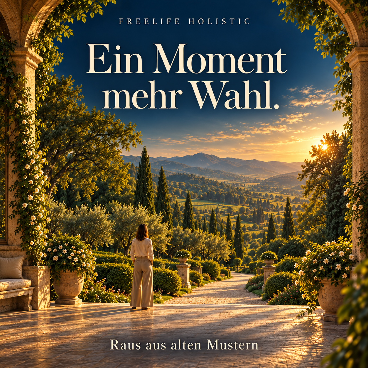 Raus aus alten Mustern – Ein Moment mehr Wahl: Frau auf einer sonnigen Gartenterrasse.
