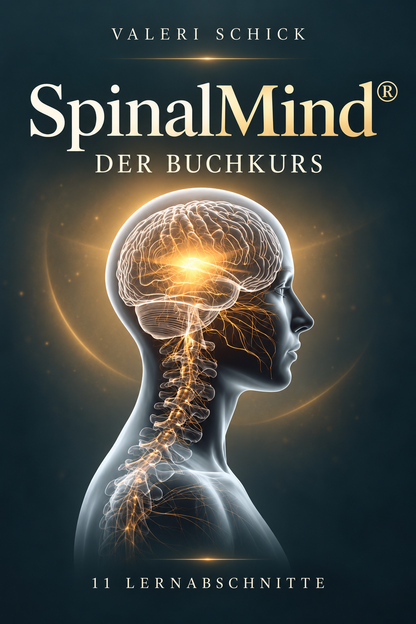 SpinalMind® – Der Buchkurs von Valeri Schick. Kurstitelbild mit Kopf, Gehirn und Wirbelsäule in warmem Goldlicht. 11 Lernabschnitte.